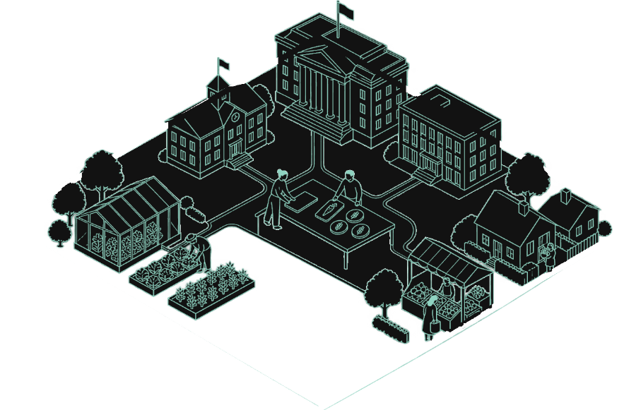 Coin stacks and banknotes, drawn in isometric on the plate
